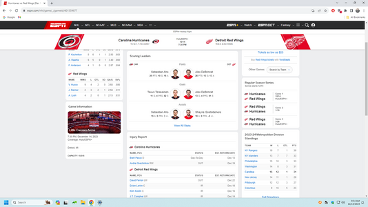 GDT: - Game 29: Red Wings vs canes 7:30 pm et 12/14/23 (ESPN+, HULU