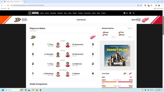 GDT: - Game 31: Red Wings vs ducks 7:00 pm et 12/18/23 (ESPN+, BSD+